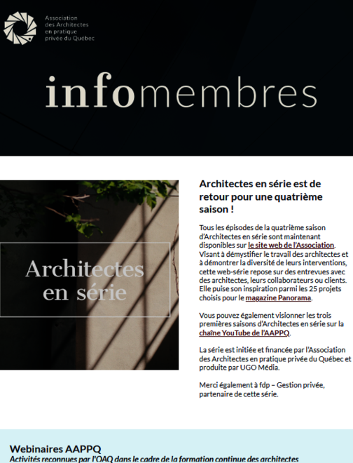 Architectes en série  | Webinaires AAPPQ | Contrats AAPPQ | Recommandation AAPPQ | etc.|