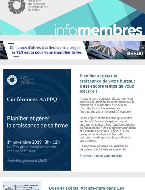 Conférences Croissance et AGA | Dossier Architecture Les Affaires | Tribunes donneurs d'ordre publics | Etc.